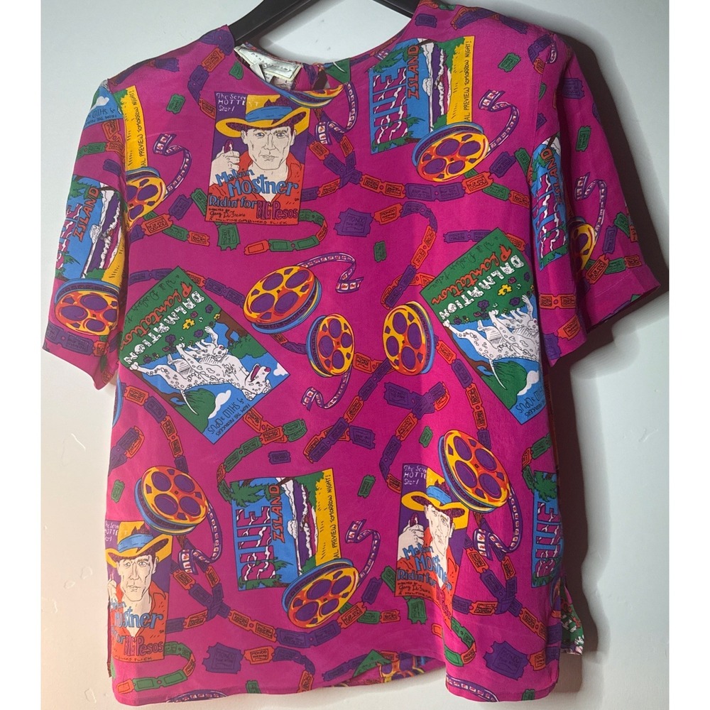 Vintage Spenser Jeremy 100% Silk Blouse Movie Film Reel Novelty Print Size 10